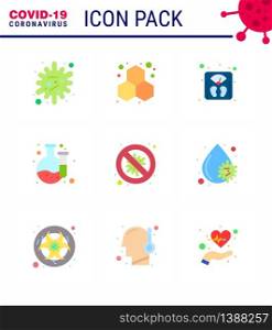 Covid-19 icon set for infographic 9 Flat Color pack such as security, bacteria, management, laboratory, chemical viral coronavirus 2019-nov disease Vector Design Elements
