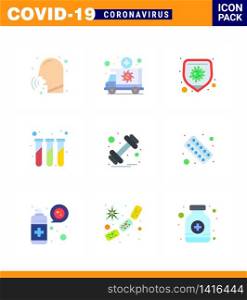 Covid-19 icon set for infographic 9 Flat Color pack such as test tubes, lab, transportation, experiment, disease viral coronavirus 2019-nov disease Vector Design Elements