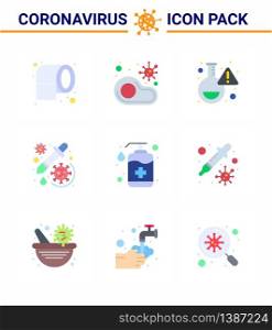 Covid-19 icon set for infographic 9 Flat Color pack such as vaccine, medicine, restaurant, drug, research viral coronavirus 2019-nov disease Vector Design Elements