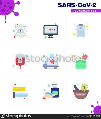 Covid-19 icon set for infographic 9 Flat Color pack such as vehicle, medical, patient chart, emergency, packet viral coronavirus 2019-nov disease Vector Design Elements