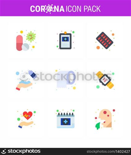 Covid-19 icon set for infographic 9 Flat Color pack such as wash, clean, hospital chart, alcohol, pills viral coronavirus 2019-nov disease Vector Design Elements