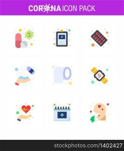 Covid-19 icon set for infographic 9 Flat Color pack such as wash, clean, hospital chart, alcohol, pills viral coronavirus 2019-nov disease Vector Design Elements
