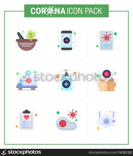 Covid-19 icon set for infographic 9 Flat Color pack such as wash, hand, report, vehicle, medical viral coronavirus 2019-nov disease Vector Design Elements