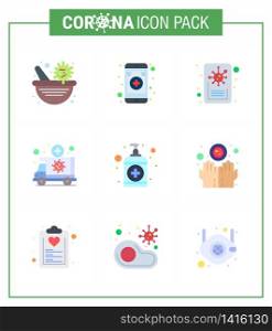 Covid-19 icon set for infographic 9 Flat Color pack such as wash, hand, report, vehicle, medical viral coronavirus 2019-nov disease Vector Design Elements