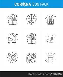 Covid-19 icon set for infographic 9 Line pack such as dirty, man, cream, healthcare, vomit viral coronavirus 2019-nov disease Vector Design Elements