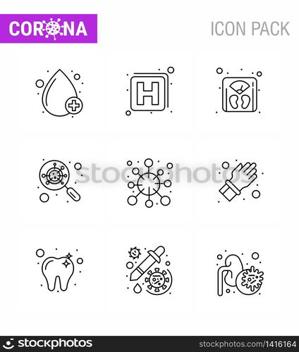 Covid-19 icon set for infographic 9 Line pack such as epidemic, antigen, scale, magnifying, glass viral coronavirus 2019-nov disease Vector Design Elements