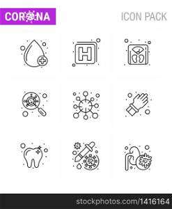 Covid-19 icon set for infographic 9 Line pack such as epidemic, antigen, scale, magnifying, glass viral coronavirus 2019-nov disease Vector Design Elements