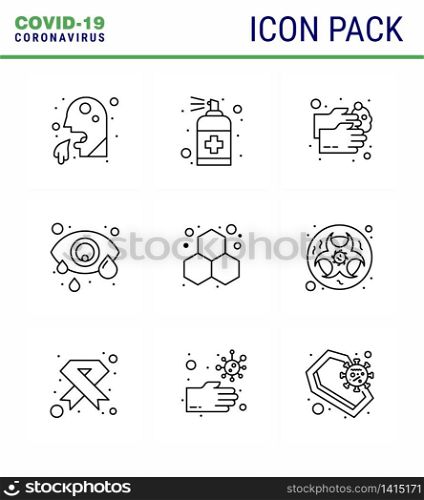 Covid-19 icon set for infographic 9 Line pack such as eye infection, conjunctivitis, handcare, water, wash viral coronavirus 2019-nov disease Vector Design Elements
