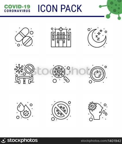 Covid-19 icon set for infographic 9 Line pack such as glass, scan virus, night, team, conference viral coronavirus 2019-nov disease Vector Design Elements