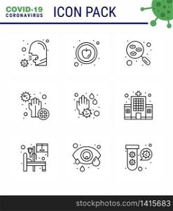 Covid-19 icon set for infographic 9 Line pack such as hands, dirty, healthy, covid, sample viral coronavirus 2019-nov disease Vector Design Elements