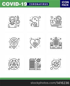 Covid-19 icon set for infographic 9 Line pack such as heart, location, people, hospital, ship viral coronavirus 2019-nov disease Vector Design Elements