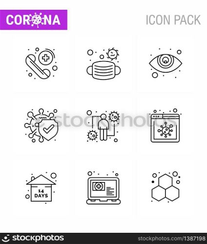Covid-19 icon set for infographic 9 Line pack such as human, coronavirus, eye care, safe, disease viral coronavirus 2019-nov disease Vector Design Elements