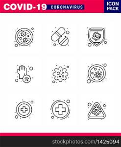 Covid-19 icon set for infographic 9 Line pack such as particle, hands, bacteria, disease, covid viral coronavirus 2019-nov disease Vector Design Elements