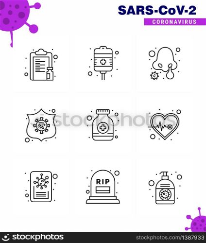 Covid-19 icon set for infographic 9 Line pack such as pills, shield, health care, safeguard, nose infection viral coronavirus 2019-nov disease Vector Design Elements
