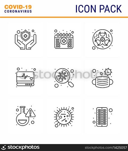 Covid-19 icon set for infographic 9 Line pack such as search, medical monitor, hazard, supervision, emergency viral coronavirus 2019-nov disease Vector Design Elements