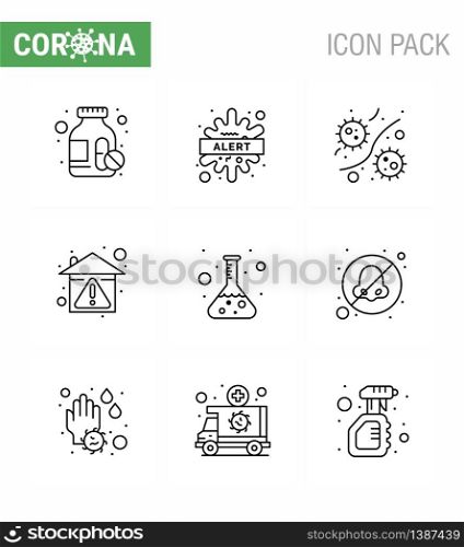 Covid-19 icon set for infographic 9 Line pack such as stay home, prevent, bacterium, hygiene, viruses viral coronavirus 2019-nov disease Vector Design Elements