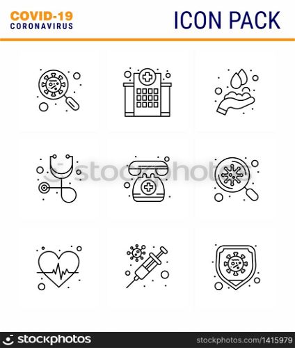 Covid-19 icon set for infographic 9 Line pack such as stethoscope, diagnosis, hospital, washing, hands viral coronavirus 2019-nov disease Vector Design Elements