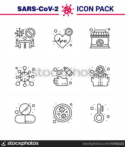 Covid-19 icon set for infographic 9 Line pack such as virus, epidemic, care, disease, banned viral coronavirus 2019-nov disease Vector Design Elements