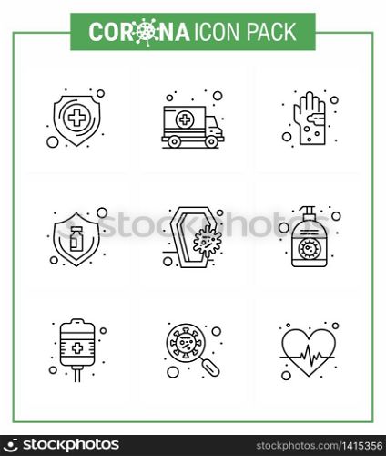Covid-19 icon set for infographic 9 Line pack such as virus, protection, bacterial, flu, hygiene viral coronavirus 2019-nov disease Vector Design Elements