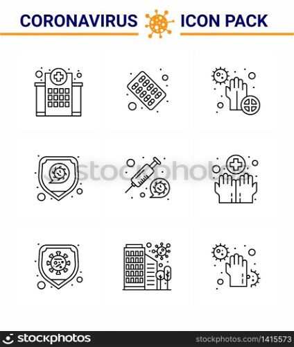 Covid-19 icon set for infographic 9 Line pack such as virus, protection, medicine, disease, hands viral coronavirus 2019-nov disease Vector Design Elements