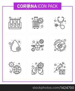 Covid-19 icon set for infographic 9 Line pack such as warning, prohibit, healthcare, plane, type viral coronavirus 2019-nov disease Vector Design Elements