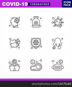 Covid-19 icon set for infographic 9 Line pack such as washing, healthcare, medicine, hand wash, life viral coronavirus 2019-nov disease Vector Design Elements