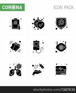 Covid-19 icon set for infographic 9 Solid Glyph Black pack such as care, washing, safe, medical, virus viral coronavirus 2019-nov disease Vector Design Elements