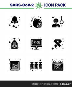 Covid-19 icon set for infographic 9 Solid Glyph Black pack such as computer, hand, fever, corona, lotion viral coronavirus 2019-nov disease Vector Design Elements