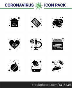 Covid-19 icon set for infographic 9 Solid Glyph Black pack such as laboratory, care, cleaning, medical, heart viral coronavirus 2019-nov disease Vector Design Elements