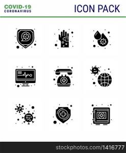 Covid-19 icon set for infographic 9 Solid Glyph Black pack such as reports, medical electronics, hygiene, platelets, dengue viral coronavirus 2019-nov disease Vector Design Elements