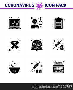 Covid-19 icon set for infographic 9 Solid Glyph Black pack such as education, ribbon, check list, medical, cancer viral coronavirus 2019-nov disease Vector Design Elements