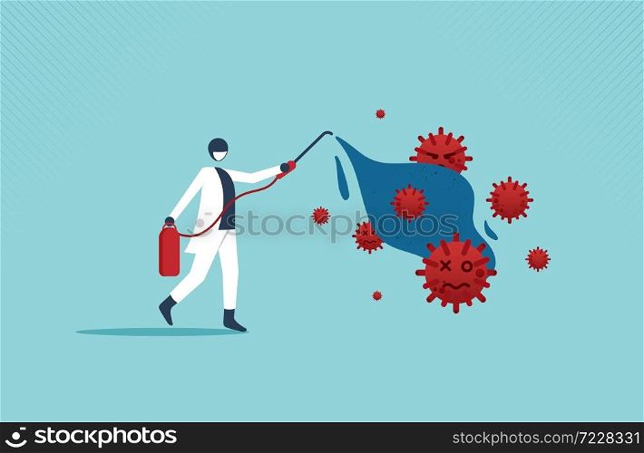 COVID-19 or Coronavirus, disinfect, clean and kill virus pathogen prevent outbreak spreading concept, worker with protective gear spray the cleaning sanitize chemical to disinfect. vector cartoon.