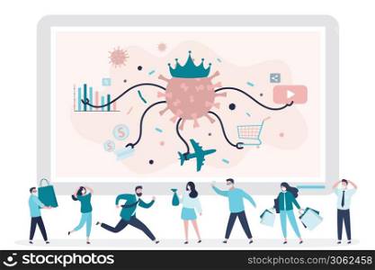 Covid-19 pandemic. Quarantine and world crisis. Flights stop. People panic and are afraid of becoming infected with coronavirus. Virus prevention. Crowd is scared. Trendy flat vector illustration