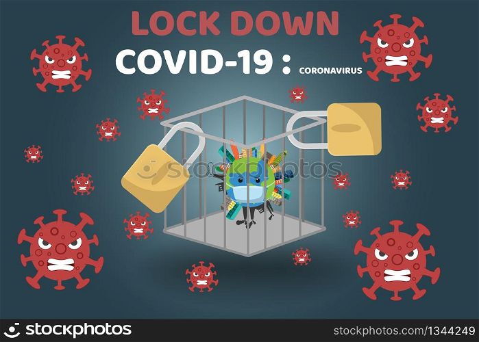 Covid-19 Pandemic world lockdown for quarantine. Covid-19 Coronavirus Outbreak, virus sign with world of life in Prison bar. World lock down protect novel coronavirus 2019. vector illustration.