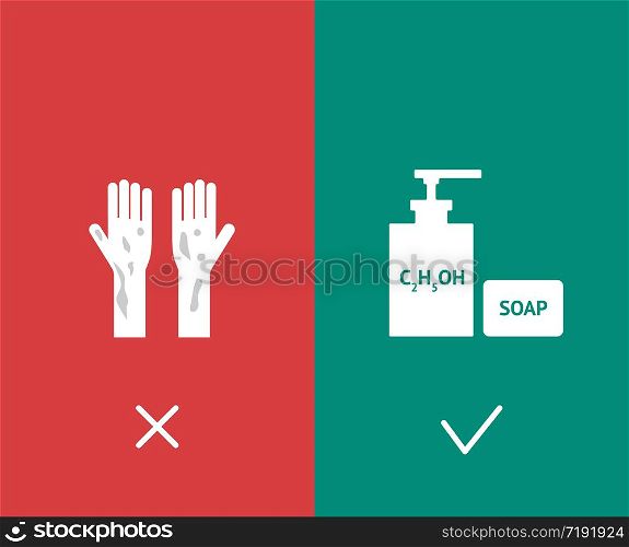 COVID-19 prevention advice Wash your hand concept vector infographic with right and wrong behaviour. COVID-19 prevention advice Wash your hand concept