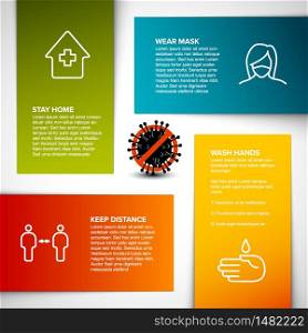 Covid-19 prevention infographic template - mask, people distance, washing hands, stay at home . Vector thin line Infographic woman with mask