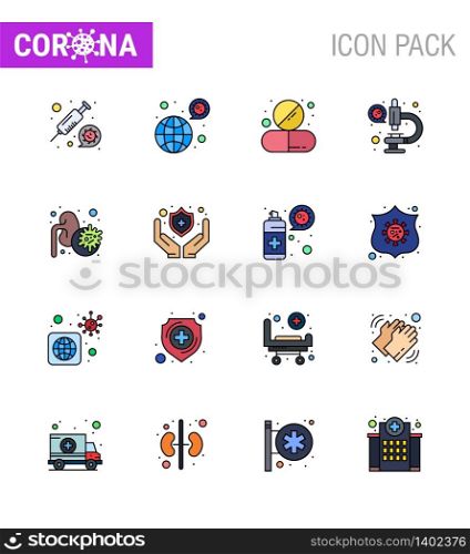 Covid-19 Protection CoronaVirus Pendamic 16 Flat Color Filled Line icon set such as virus, laboratory, virus, coronavirus, pill viral coronavirus 2019-nov disease Vector Design Elements