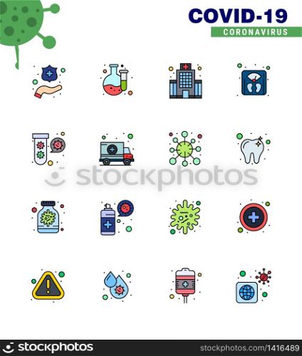 Covid-19 Protection CoronaVirus Pendamic 16 Flat Color Filled Line icon set such as tubes, elucation, medical, bacteria, weight viral coronavirus 2019-nov disease Vector Design Elements