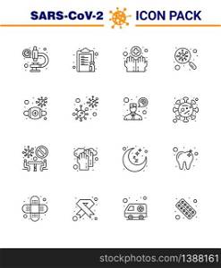 Covid-19 Protection CoronaVirus Pendamic 16 Line icon set such as search, germs, paper, find, washing viral coronavirus 2019-nov disease Vector Design Elements