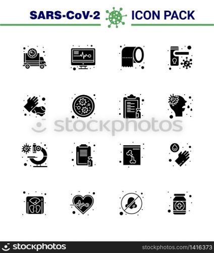 Covid-19 Protection CoronaVirus Pendamic 16 Solid Glyph Black icon set such as hands, bacteria, cleaning, safety, doorknob viral coronavirus 2019-nov disease Vector Design Elements