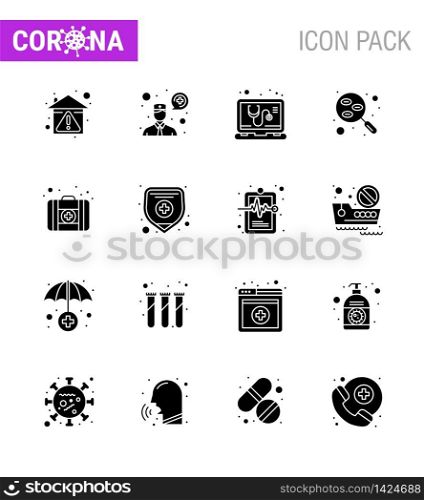 Covid-19 Protection CoronaVirus Pendamic 16 Solid Glyph Black icon set such as first aid, sample, check, research, blood viral coronavirus 2019-nov disease Vector Design Elements