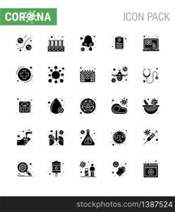 Covid-19 Protection CoronaVirus Pendamic 25 Solid Glyph icon set such as online, report, tubes, patient chart, nose infection viral coronavirus 2019-nov disease Vector Design Elements
