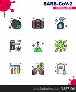 Covid-19 Protection CoronaVirus Pendamic 9 Filled Line Flat Color icon set such as lab, bacteria, solid, safety, doorknob viral coronavirus 2019-nov disease Vector Design Elements