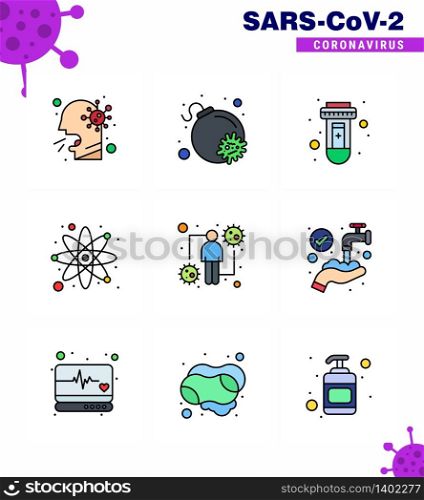 Covid-19 Protection CoronaVirus Pendamic 9 Filled Line Flat Color icon set such as host, research, blood, science, atom viral coronavirus 2019-nov disease Vector Design Elements