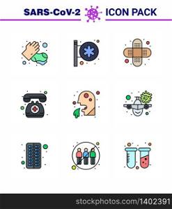 Covid-19 Protection CoronaVirus Pendamic 9 Filled Line Flat Color icon set such as healthcare, vomit, aid, emergency, medical assistance viral coronavirus 2019-nov disease Vector Design Elements