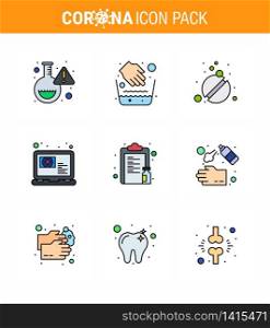 Covid-19 Protection CoronaVirus Pendamic 9 Filled Line Flat Color icon set such as list, appointment, medicine, question, medical viral coronavirus 2019-nov disease Vector Design Elements