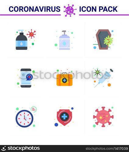 Covid-19 Protection CoronaVirus Pendamic 9 Flat Color icon set such as first aid, question, coffin, online, skull viral coronavirus 2019-nov disease Vector Design Elements