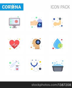 Covid-19 Protection CoronaVirus Pendamic 9 Flat Color icon set such as heart care, heart, spray, beat, muscle viral coronavirus 2019-nov disease Vector Design Elements