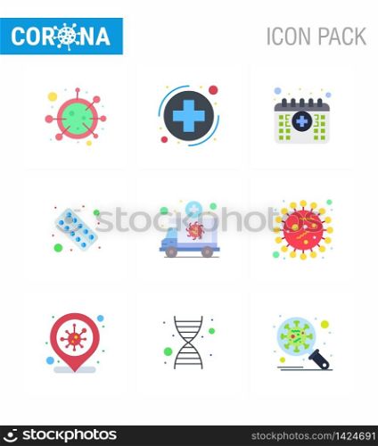 Covid-19 Protection CoronaVirus Pendamic 9 Flat Color icon set such as medicine, form, sign, fitness, time viral coronavirus 2019-nov disease Vector Design Elements