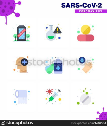 Covid-19 Protection CoronaVirus Pendamic 9 Flat Color icon set such as soap, medical, capsule, healthcare, tablet viral coronavirus 2019-nov disease Vector Design Elements